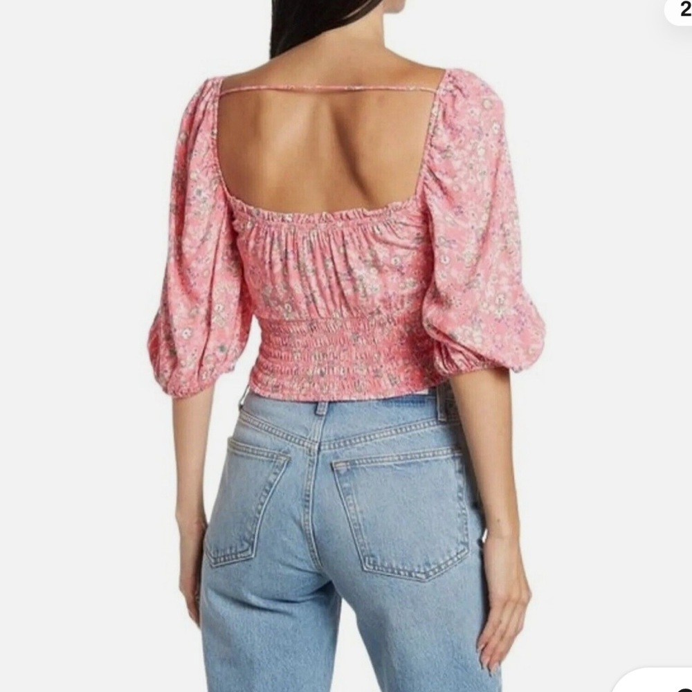 AFRM Waverly Pink Floral Puff Sleeve Smocked Ruffle Crop Top size XS - Picture 2 of 6